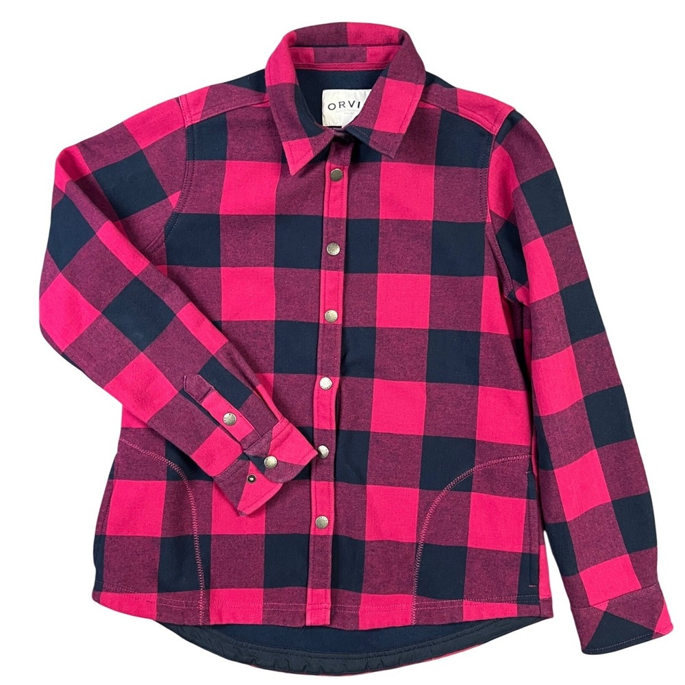 Orvis Flannel Shirt Jacket Women Small Pink Navy Buffalo Plaid Fleece Lined Snap